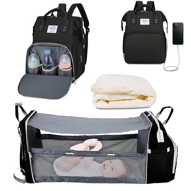 Mochila para pañales, mochila de viaje plegable para bebé, bolsa de pañales para mamá y papá con puerto de carga USB
