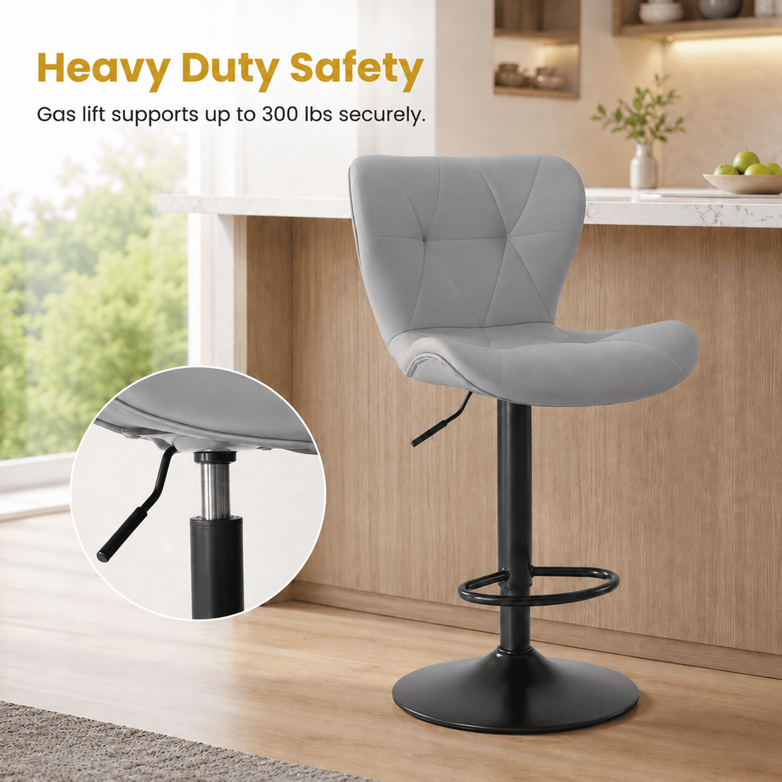 Alvantor Bar Stools Set of 2, Adjustable Swivel Barstools, Fabric Upholstered Barstools Counter Height with Backrest for Bar and Kitchen Island