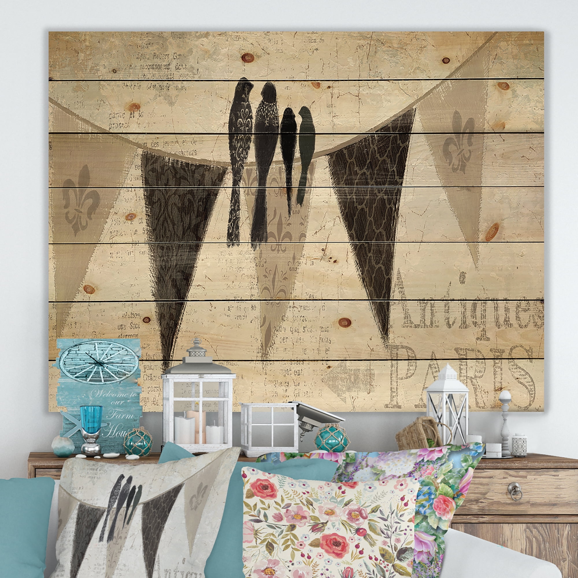 Designart 'French Bird Flea Market III' Farmhouse Print on Natural Pine Wood