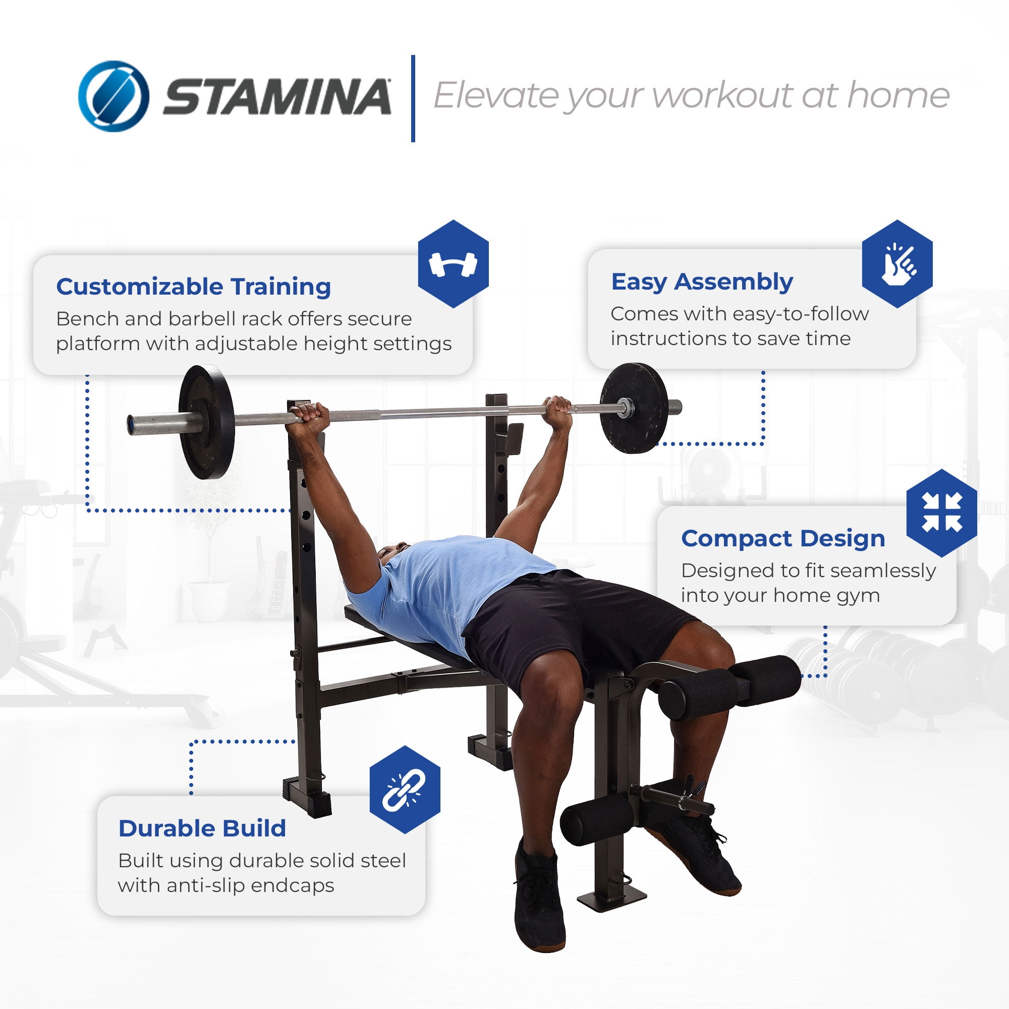 Stamina Steel Weight Bench and Barbell Rack Combo with Resistance Band Anchors, Adjustable, Black