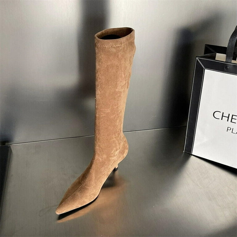 Women s Knee High Boots Pointy Toe Suede Kitten Heels Pull On Fashion High Boots Walmart