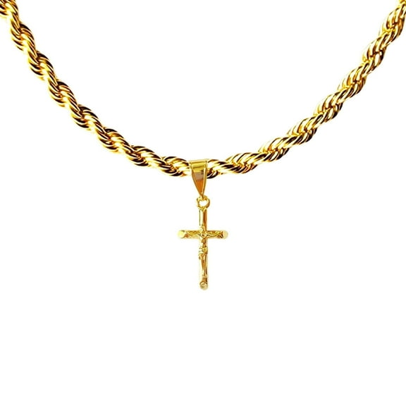 14k Bonded Gold Necklace with Tiny Curifix Cross Pendent, Best Christmas Unisex Gift for Women, Men Mother, Father, Girlfriend, Boyfriend, Her, Him, Rope Chain with Charm by Artisan Jeweler