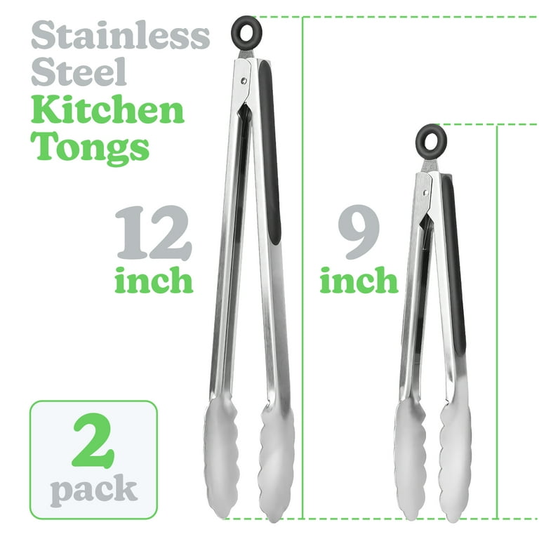 Stainless Steel Kitchen Tongs Set Of 2-9 And 12, Locking Metal