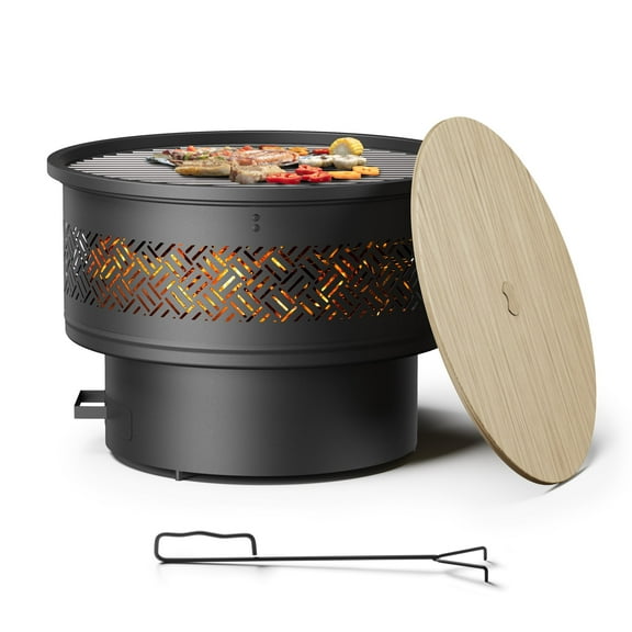 26 Inch Wood Burning Fire Pit with Grill Lid Poker, Multifunctional Outdoor Firepit for BBQ Bonfire Camping Backyard Patio Picnic Table, Black