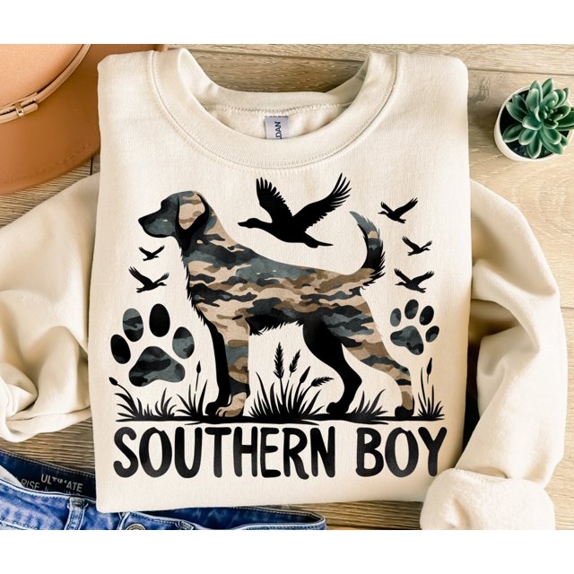 Southern Boy Sweatshirt, Sublimation Design, Hunting Dog Sweatshirt, Camouflage Sweatshirt - Black - L