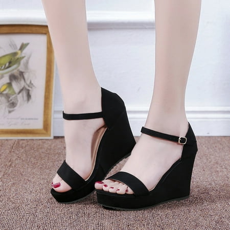 

Cathalem Fashion Summer Women Sandals Fish Mouth Wedge Heel High Heel Thick Sole Solid Color Pool Sandals for Women Non Slip Black 8.5