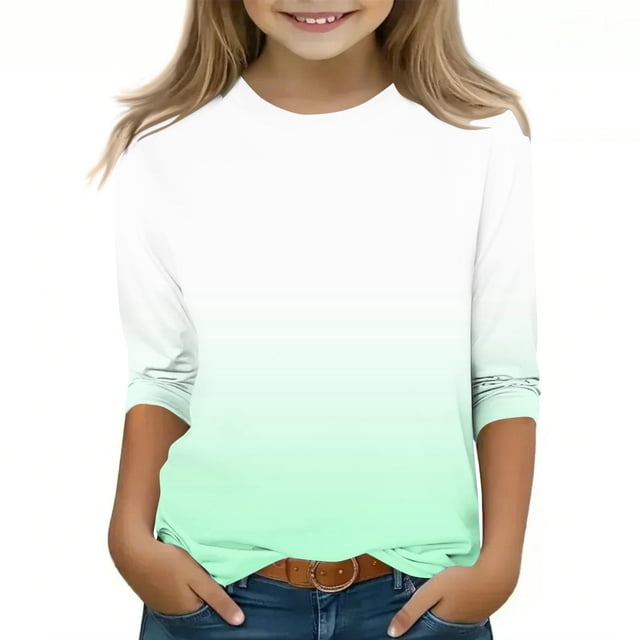 Plebaso T-Shirts à Manches 3/4 pour Filles, Dégradé de Couleur, Col Rond, Printemps 2025, Blouses Décontractées pour Enfants