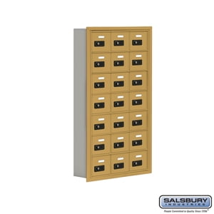 Cell Phone Storage Locker - 7 Door High Unit (5 Inch Deep Compartments) - 21 A Doors - Gold - Recessed Mounted - Resetta