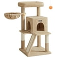 thumbnail image 2 of FEANDREA Cat Tree, Small Cat Tower with Widened Perch for Large Cats Indoor, Kittens, 96 cm Multi-Level Cat Condo, Scratching Posts and Ramp, 2-Door Cat Cave, Cat Basket, Camel Brown, 2 of 7