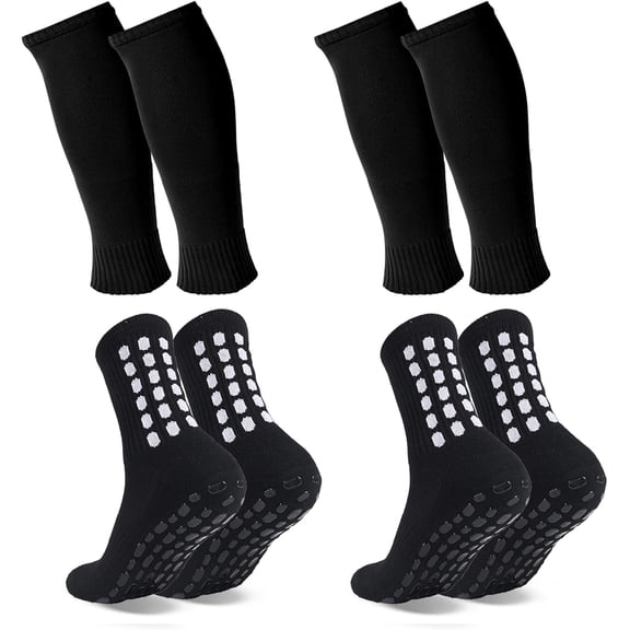 2 Set Grip Soccer Socks and Shin Guard Sleeves Non Slip Soccer Sleeve Socks for Men Women