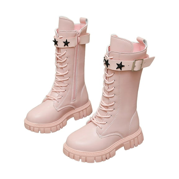 Girls Waterproof Mid Calf Combat Boots Fashion Star Decor Buckle Strap Lace up Lug Sole Chunke Heel Winter Tall Riding Booties Pink 12.5 Little Kids
