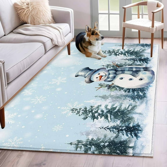 Christmas Snowman Area Rug 4x6 Washable Rug Non Slip Xmas Trees Winter Blue Snowflake Large Area Rug Indoor Floor Carpet for Entryway Bedroom Kitchen Living Room Home Office Dining Room Nursery