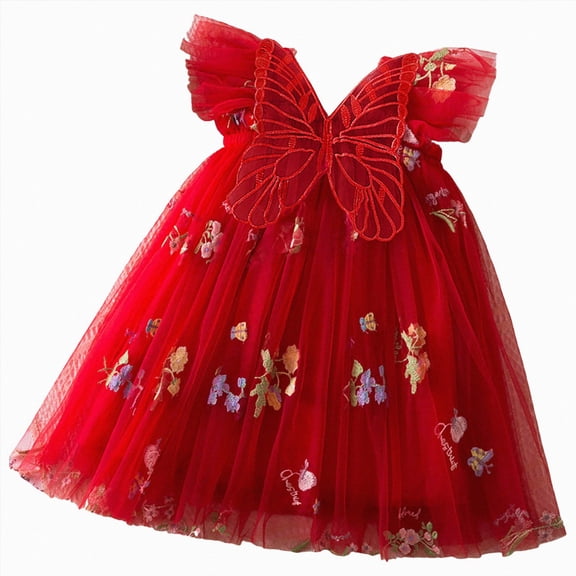 Splozh Toddler Dress 6 12 18 24 Months 3T 4T 5T Baby Girl Butterfly Dress Toddler Fairy Flower Dress for Birthday Party,Red,3-4 Years