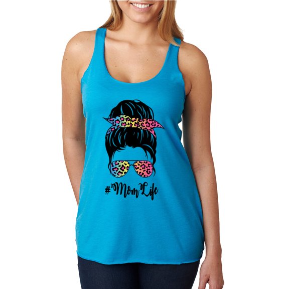 Mom Life Messy Hair Bun | Tie Dye Leopard Print Bandana | Funny Mother's Day Mother's Day Tri-Blend Racerback Sleeveless Top, Vintage Turquoise, S