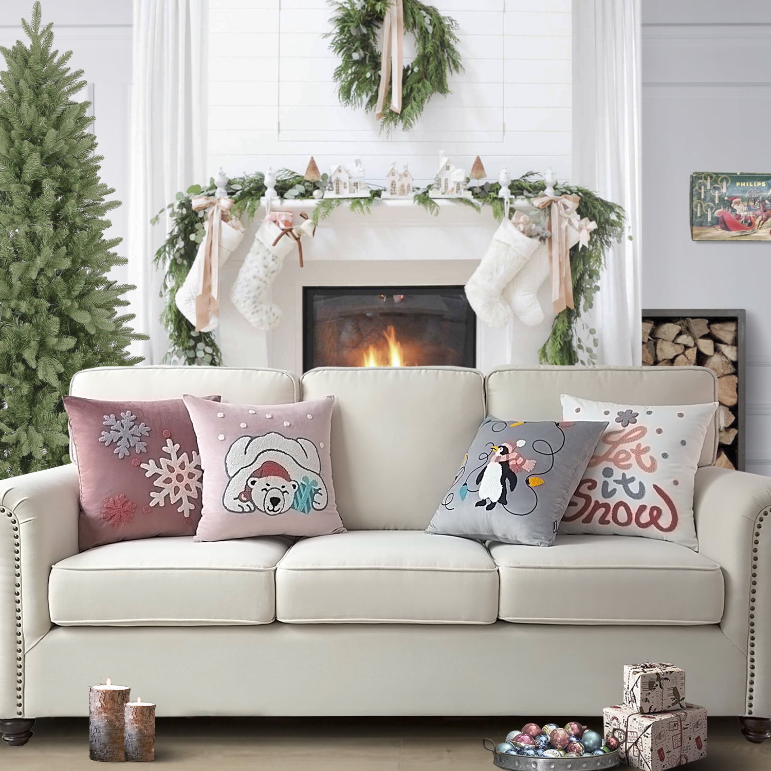 Phantoscope Merry Christmas Velvet Embroidered Penguin Bear Decorative Throw Pillow Cover, 18" x 18", Pink Snowflake, 4 Pack