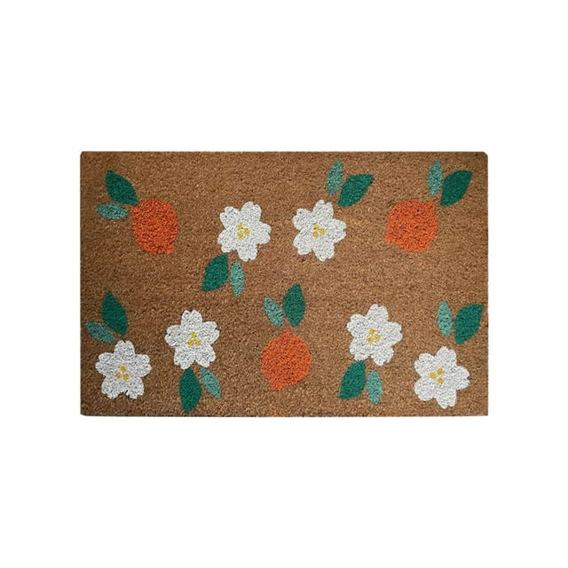EARKITY Summer Door Mats, a rectangular non-slip welcome mat measuring 40x60cm, featuring a summer-themed design with white flowers, green leaves, and orange fruit patterns on a brown background. Made with a flannel soft texture and a rubber backing for safety, this mat is suitable for indoor and outdoor use in areas like the foyer, kitchen, or bathroom. Easy to clean and resistant to fading and sun damage.