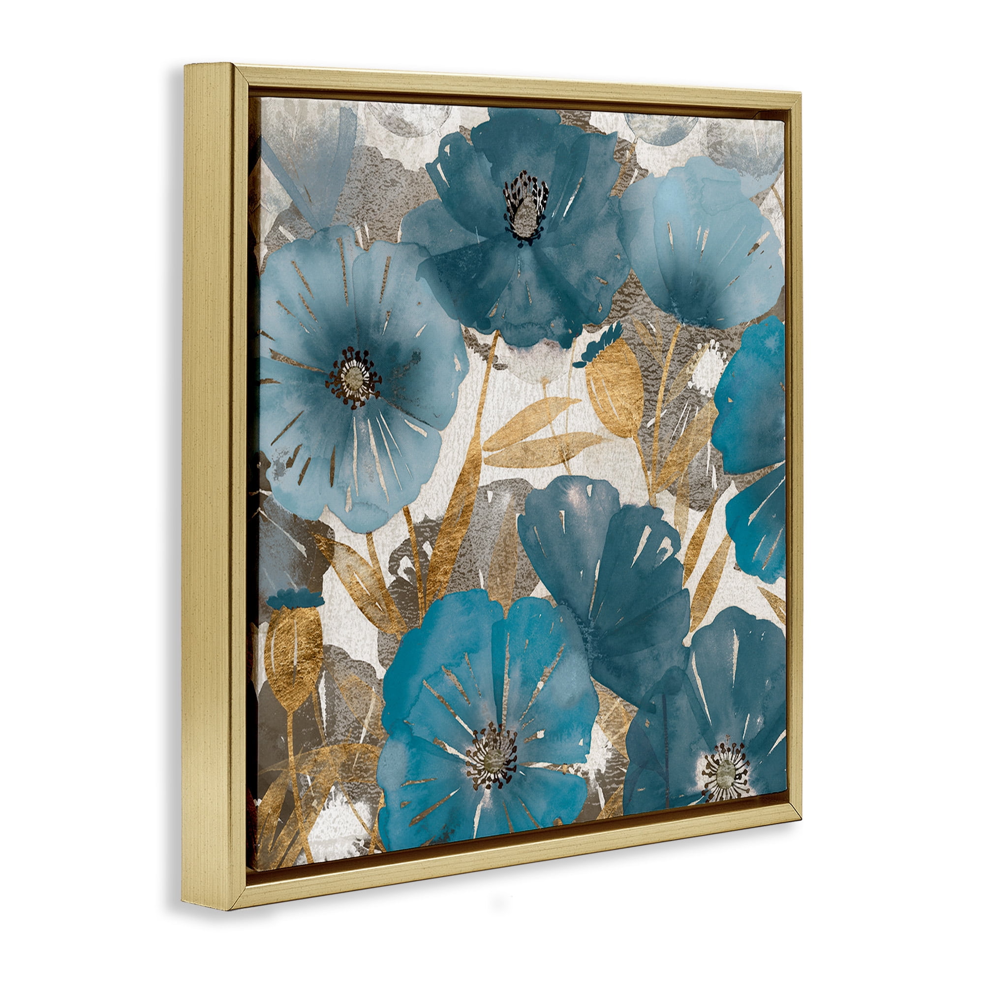 Stupell Industries Elegant Blue Florals Abstract Botanical & Floral Painting Gold Floater Framed Canvas Art Print Wall Art, 18 x 18