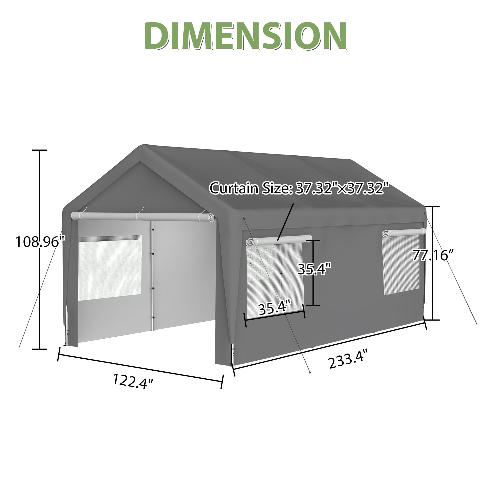 GZXS 10ft x 20ft Heavy Duty Canopy Tent with Roll-up Ventilated Windows, Garage Carport with Steel Frame, Removable Sidewall & Door, Gray