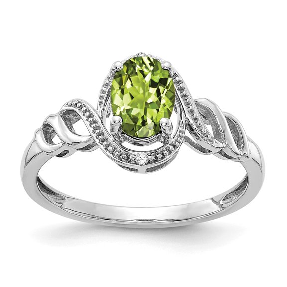 10K White Gold Ring Band with Stones (08) August Peridot Oval Green Diamond Round