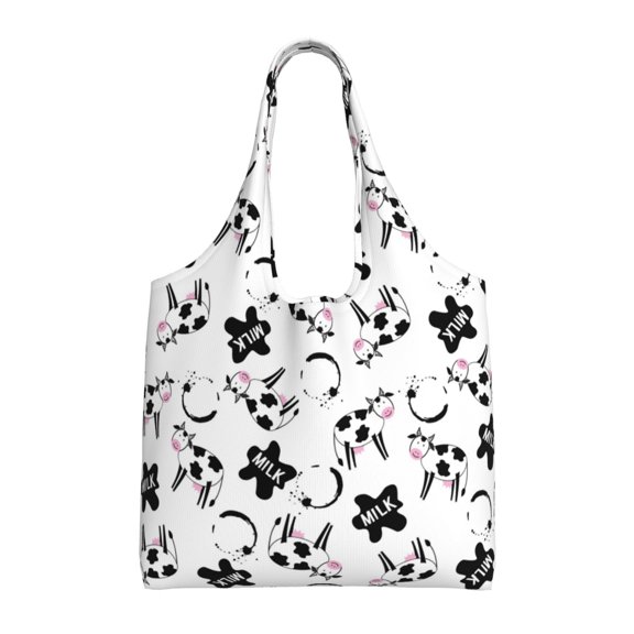 Vsdgher Cute Cow and Milk Stains Print canvas Tote Bag, Lightweight Cloth Bags, Suitable for shopping, groceries, travel