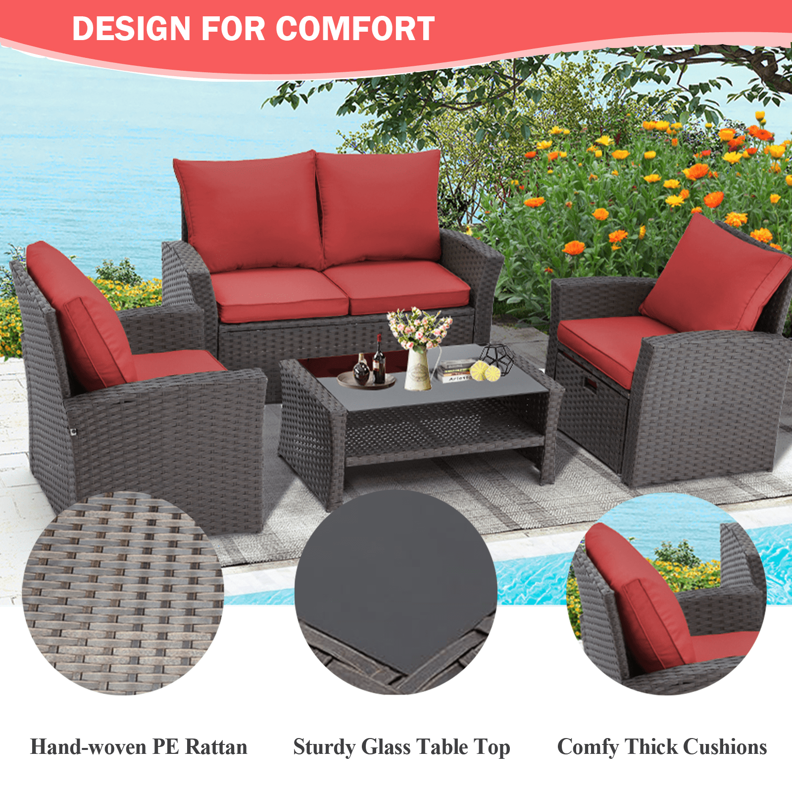 6 Pieces Patio Furniture Set, Outdoor Sectional Conversation Rattan Sofa Set with Ottoman and Outdoor Storage Table for Garden, Porch, Backyard (Red)
