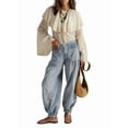 thumbnail image 3 of Women's Lotus Tube Jeans Mid Rise Baggy Wide Leg Jeans Ruffle Pleated Denim Pants with Drawstring, 3 of 8