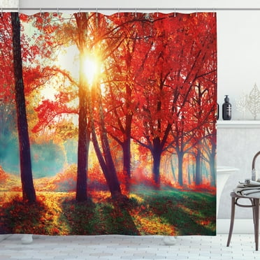 Ambesonne Tree Shower Curtain, Foggy Autumnal Park Scenic, 69"Wx84"L, Orange Yellow Teal
