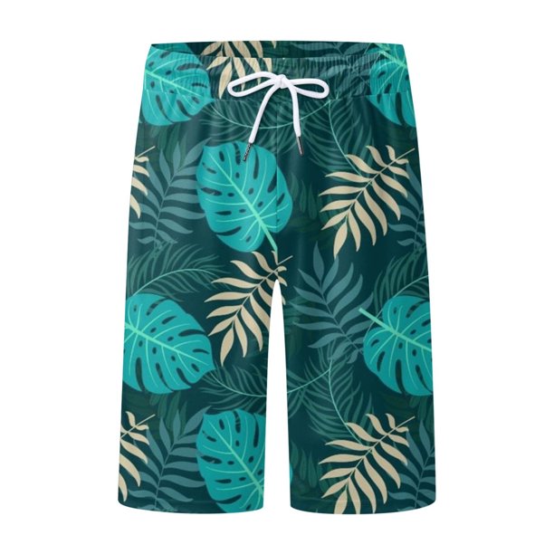 Xysaqa Mens Hawaiian Beach Shorts, Elastic Waist Tropical Print