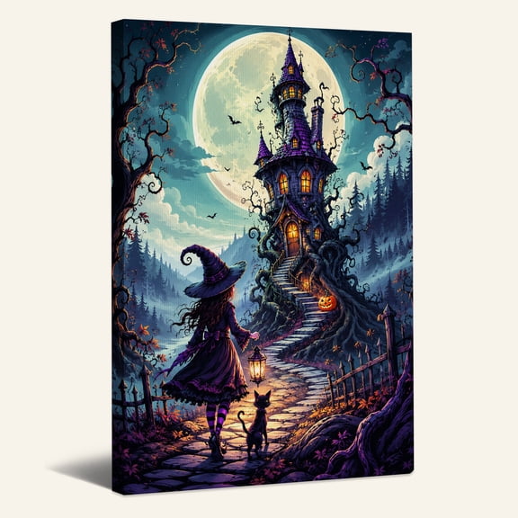 Purple Witch and Black Cat at Moonlit Tower Halloween Canvas Wall Art