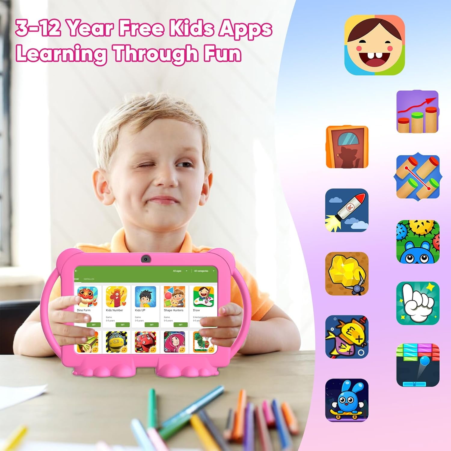 7 inch Kids Tablet - Android 12, 32GB ROM, 2+5MP Dual Camera, Shockproof Case, Educational, Games, Parental Control