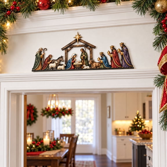 Kuokaa Nativity Scene 2D Flat Wooden Door Topper, Christmas Door Frame Corner Decoration for Entryway Living Room Bedroom Shelf Window Holiday Home Decor