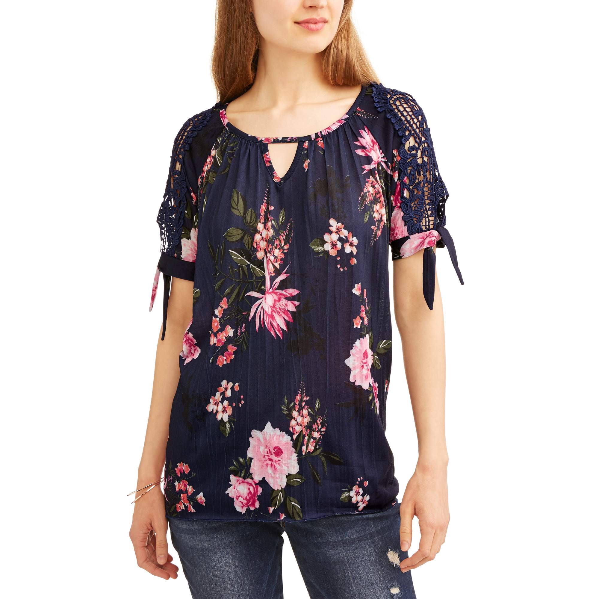 Faded Glory Women's Short Sleeve Crochet Tie Shoulder Peasant Top