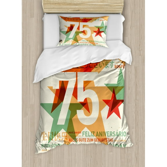 75th Birthday Duvet Cover Set Twin Size, Worldwide Greetings in Different Languages and Stars on Retro Background, Decorative 2 Piece Bedding Set with 1 Pillow Sham, Multicolor, by Ambesonne
