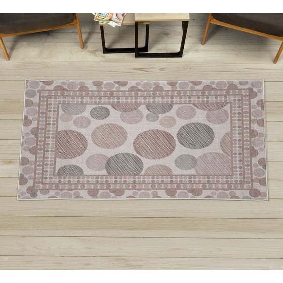Geometric Decorative Rug, Scribble Style Striped Rounds and Dots in Neutral Pastel Colors, Quality Carpet for Bedroom Dorm and Living Room, 6 Sizes, Dark Rosewood, by Ambesonne