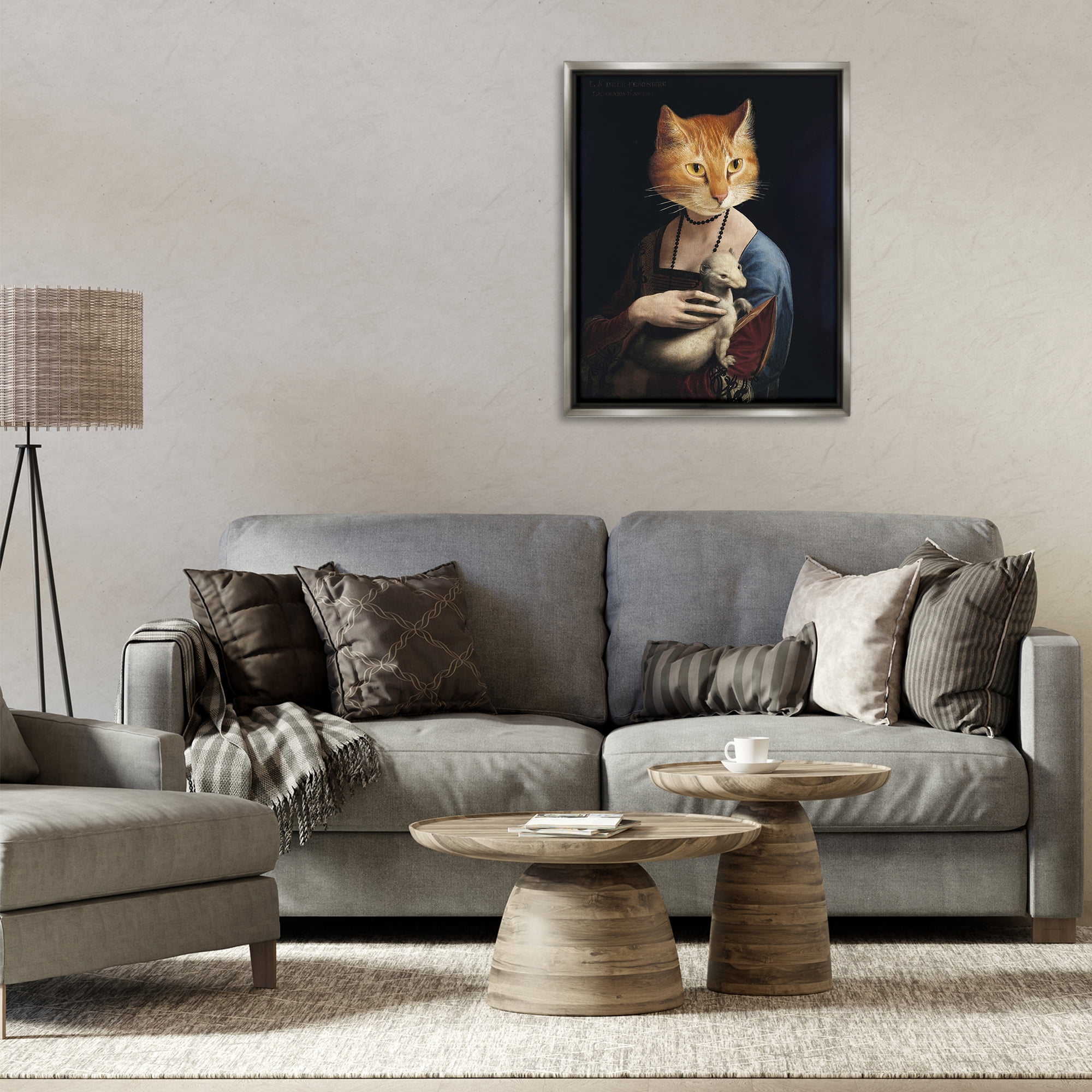 Stupell Industries Historical Portrait Cat Novelty & Humor Painting Gray Floater Framed Canvas Art Print Wall Art, 25 x 31