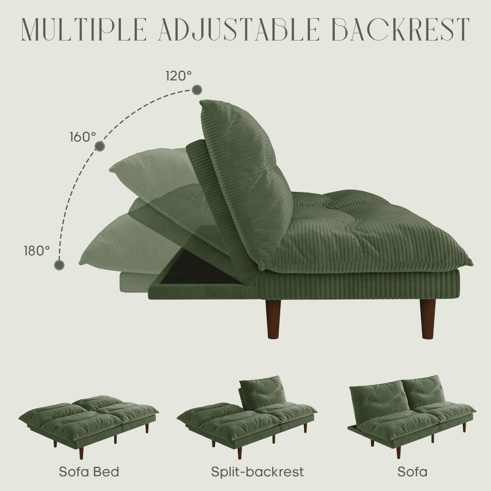 LLappuil 71" Corduroy Futon Convertible Sofa Bed, Loveseat Sleeper Sofa Couch for Living Room Apartment Green
