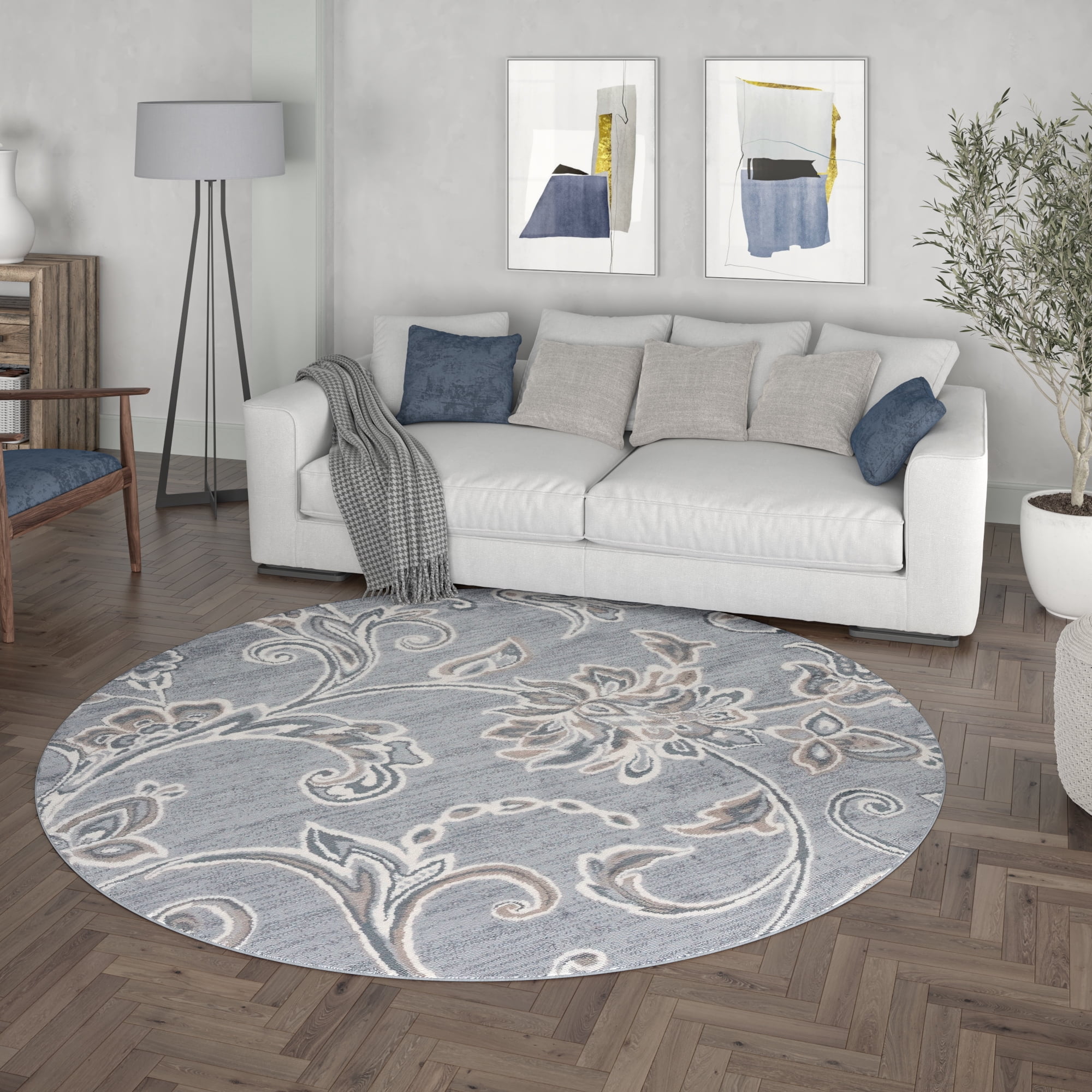 Madison Transitional 8' Round Gray and Cream Polypropylene Indoor Area Rug