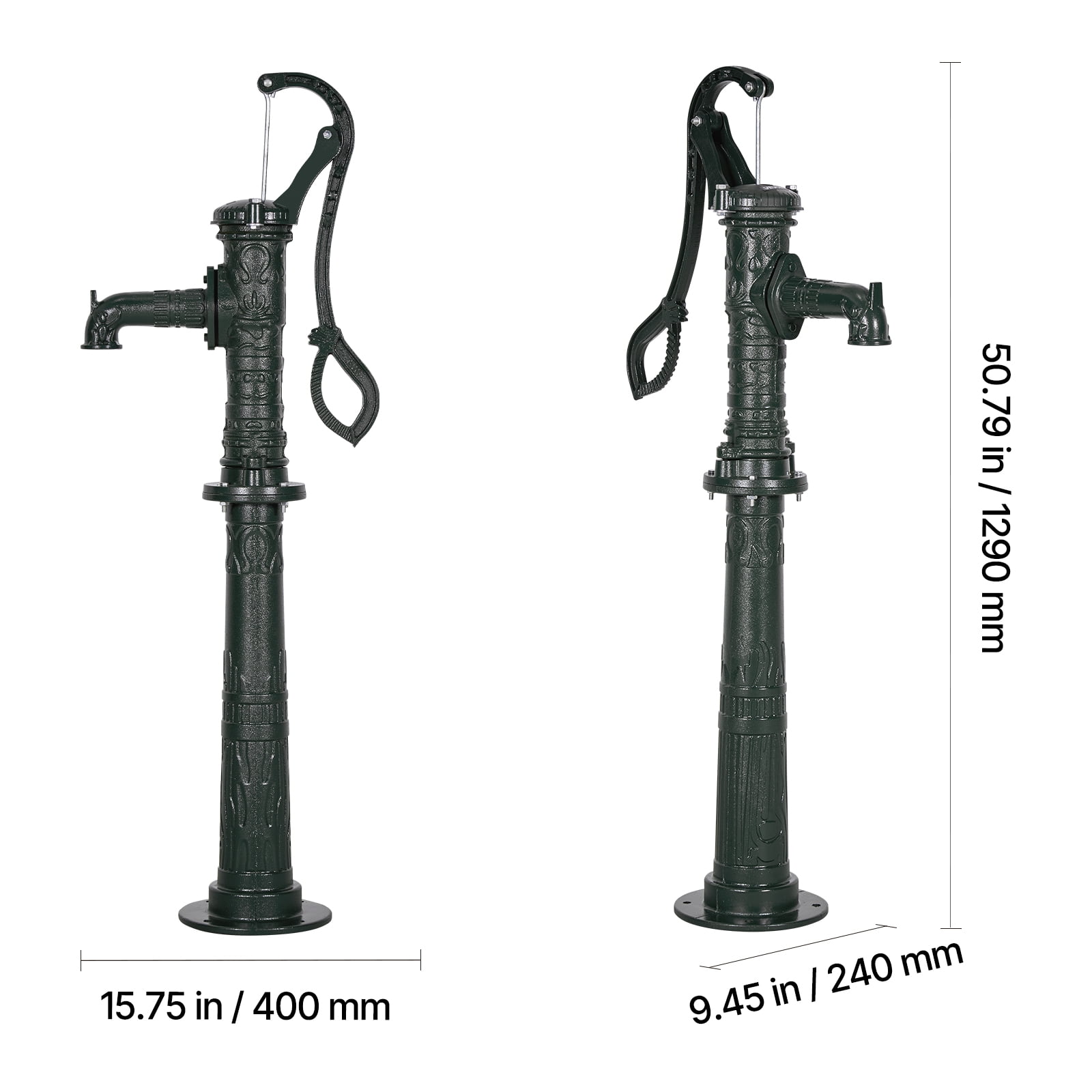 VEVOR Well Hand Pitcher Pump, 20 ft Max Lift, Antique Cast Iron Manual Hand Water Pump with Heightening Base, NPT 1-1/4 in Connection, Easy Installation, for Outdoor Garden, Pond, Yard, Farm, Green