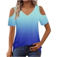 thumbnail image 2 of Women Cold Shoulder Tops Short Sleeve V Neck Summer Tee 2025 Fashion Outfits Casual Gradient Color T Shirts, 2 of 7