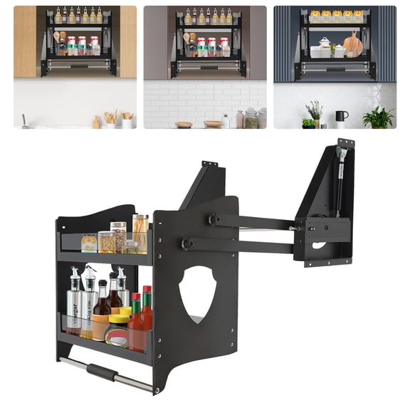 2 Tier Pull Down Cabinet Organizer, 66 lbs Capacity Kitchen Cabinet Shelf with Hydraulic Damping, Adjustable Width Spice Rack for Upper Cabinet (Black)
