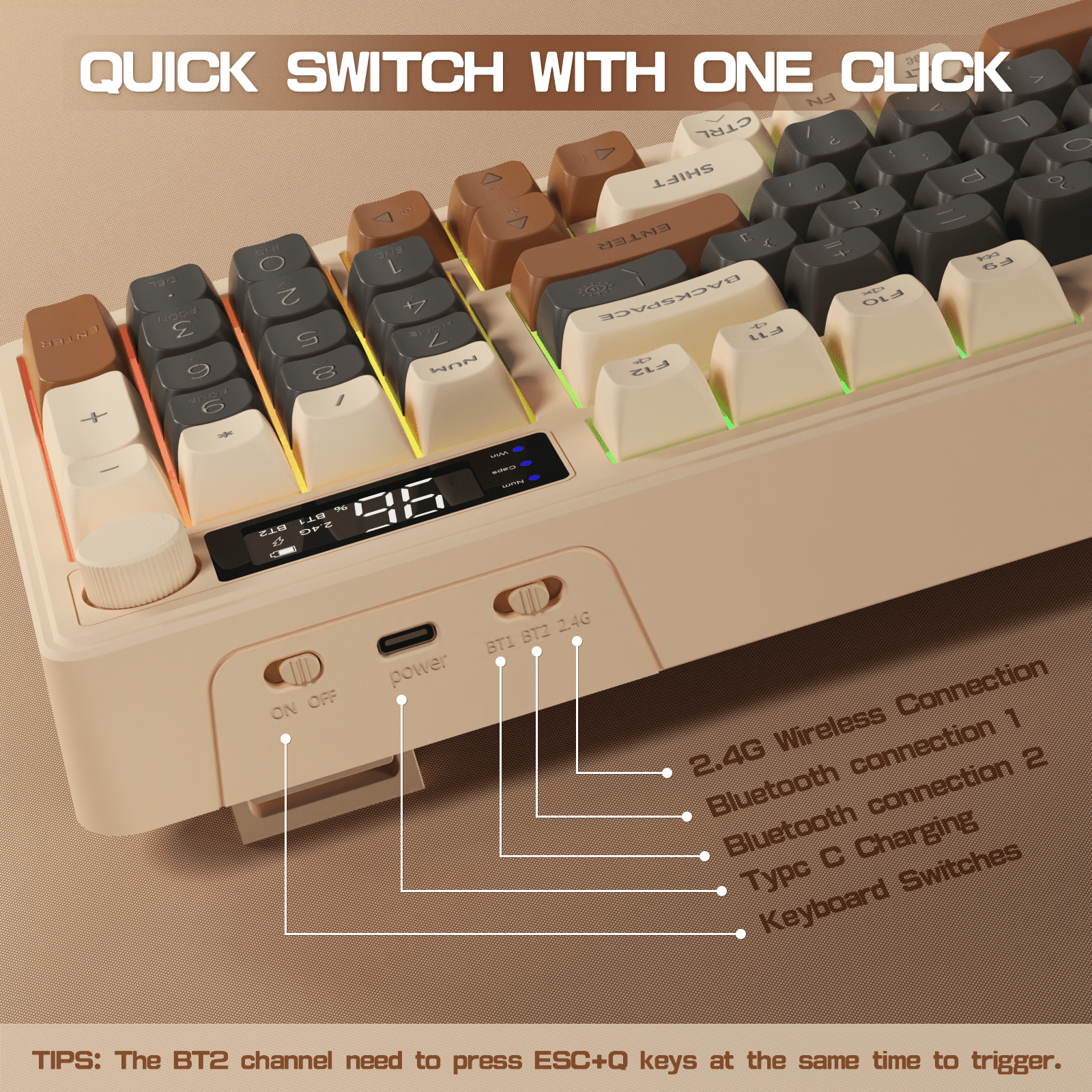 ZIYOULANG M96 Dual Mode Wireless Gaming Keyboard with 2.4G & BT5.0, 90% Membrane Semi-mechanical Keyboard with Smart Display & Knob