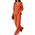 thumbnail image 6 of Women's Cotton Linen 2 Piece Outfit, V-Neck 3/4 Sleeve Top & Drawstring Wide Leg Pants Casual Matching Set, Brick Red L, 6 of 9