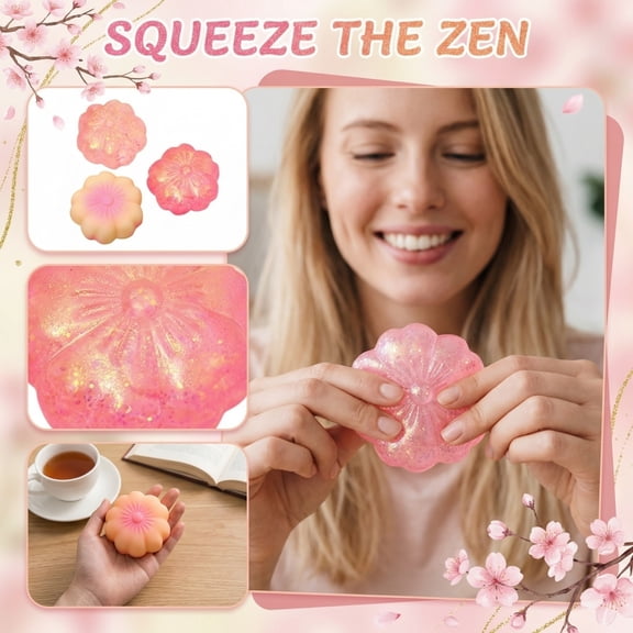 Sensory Fidget, Squishies Sensory Play Sets, Sugar Fidget Decor, Cherry Blossom, Glitter Squishies, 3 in Diameter, Soft Slow-Recovery, Anxiety Stress Relief, Food Shaped, Pink