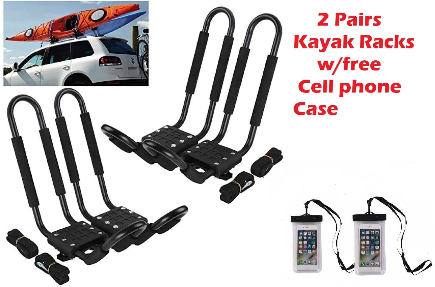 1 Pair Fixed Kayak Canoe Roof Rack Double Twin J Bars Carrier w/Straps 2-3Day 
