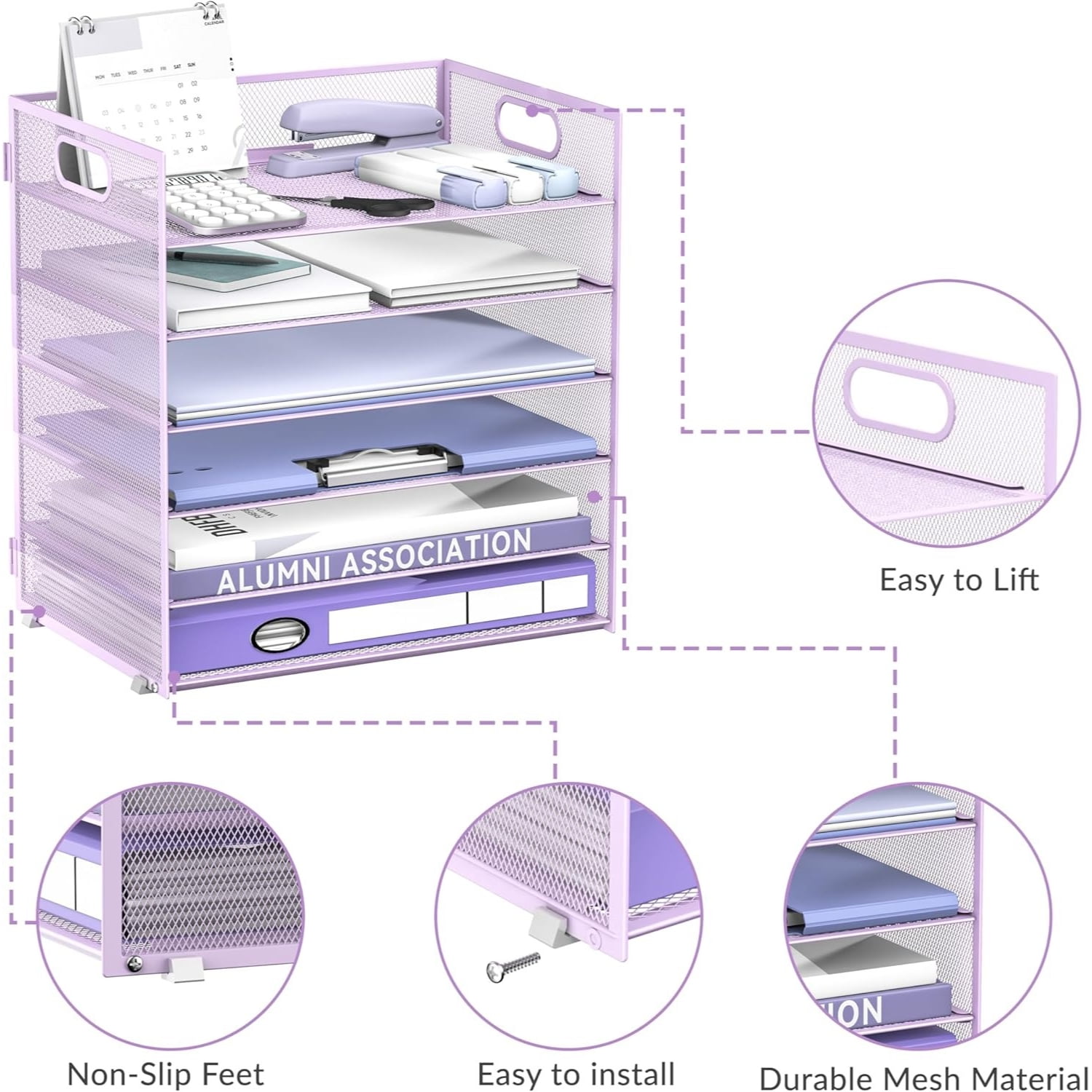 INTIGE 6 Tier Paper Organizer for Desk, Paper Letter Tray Organizer, Metal Mesh Desk File Organizers with Handle for Office/Home