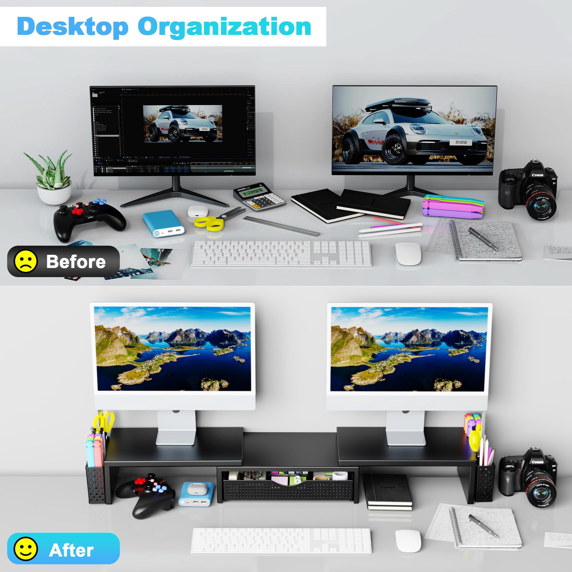 Metal Desk Organizers And Accessories  Dual Monitor Stand Riser With Drawer 2 Pen Holders Book Racks & Workspace Desktop For Office Supplies (black)