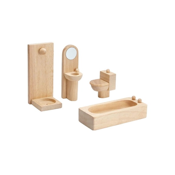 PlanToys® Bathroom Classic Set for Montessori Inspired Home and Small World Play | Practical Life, Social Skills and Imaginative Scene Building | Eco Friendly Wooden Dollhouse Bathroom Furniture