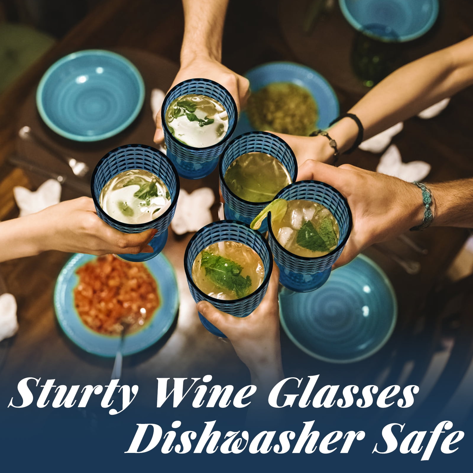 Blue Diamond Pattern Glass Cups Set of 6, 360ml Vintage Crisscross Design, Whiskey Wine Coffee Glasses, Dishwasher Safe for Wedding, Party & Daily Use