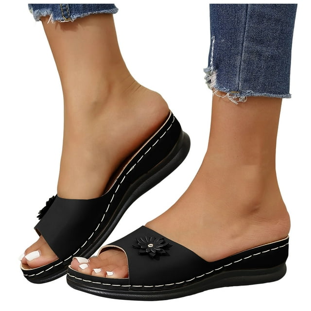 Flower Wedge Slides Sandals for Women 2025 with Arch Support Comfortable Peep Toe Platform Dress Slip on
