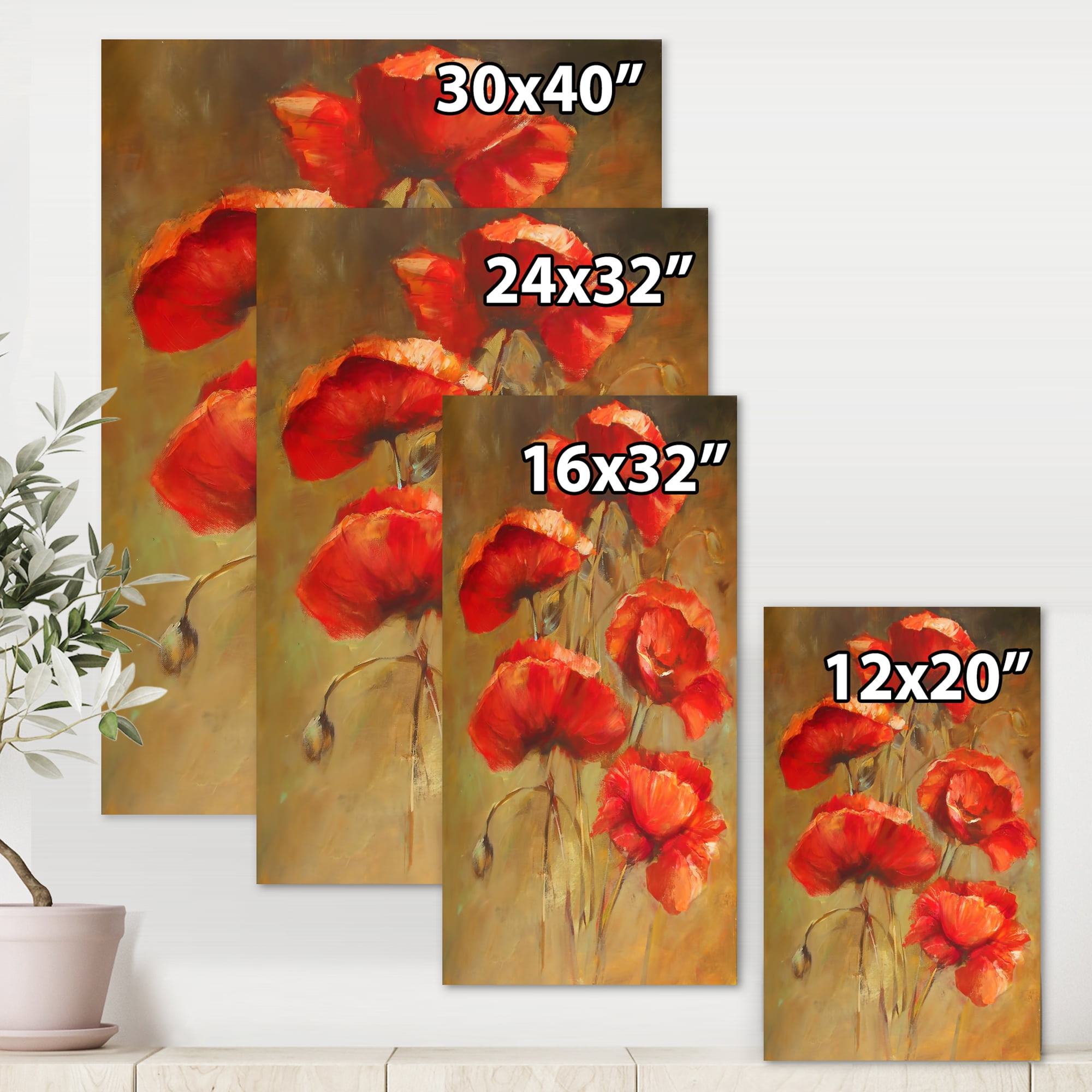 Designart ' Blooming Vintage Poppies I ' Traditional Canvas Wall Art Print
